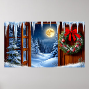 Weihnachtskranz 🎄 Verschneiter mondbeschienener W Poster