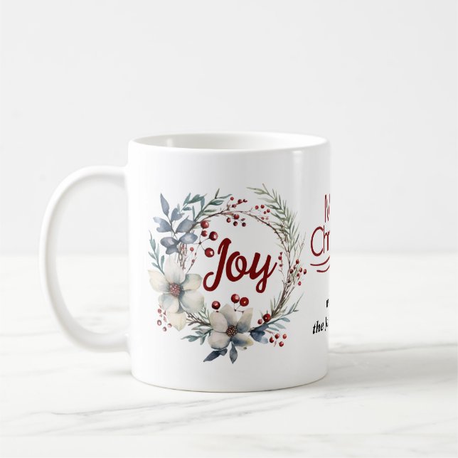 Weihnachtskranz, weiße Blume, rote Beeren Freude Kaffeetasse (Links)