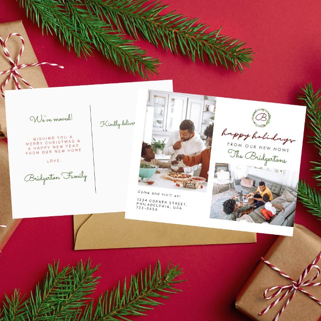 Weihnachtskranz Zwei Fotos Urlaub Neue Zuhause-Bew Ankündigungspostkarte (Von Creator hochgeladen)