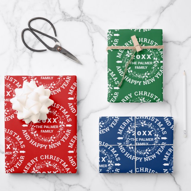 Weihnachtskreide: Name rot, grün, blau Geschenkpapier Set (Vorderseite)