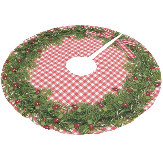 Weihnachtskrieg auf Gingham Polyester Weihnachtsbaumdecke (Schrägansicht)