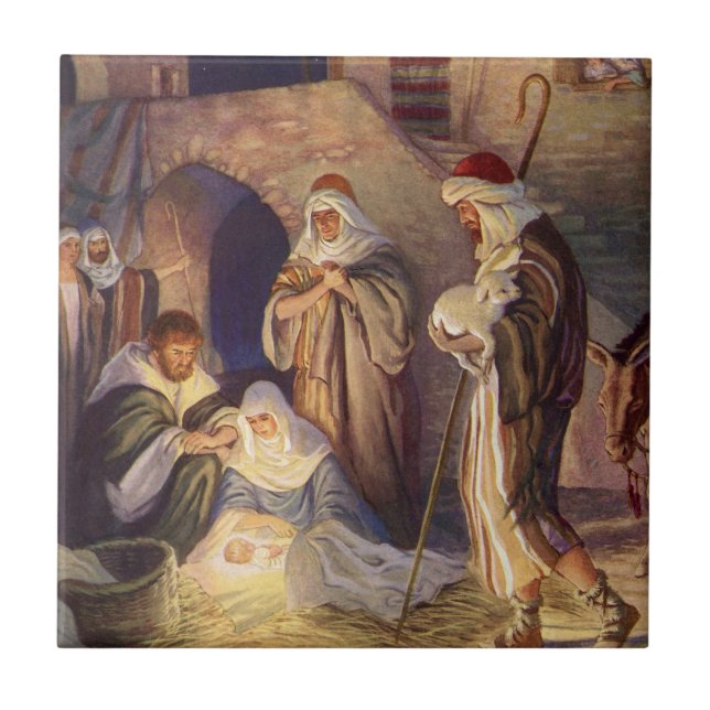Weihnachtskrippe, 3 Hirten und Jesus Fliese (Vorderseite)