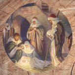 Weihnachtskrippe, 3 Hirten und Jesus Runder Aufkleber<br><div class="desc">Vintage Illustration Weihnachtsfeiertag religiöses Bild mit einer klassischen Krippe. Eine Christliche religiöse Familienszene mit Maria,  Joseph,  dem Säugling Jesus Christus in der Leitung und den drei weisen Männern in Bethlehem. Die drei Hirten und Jesus.</div>