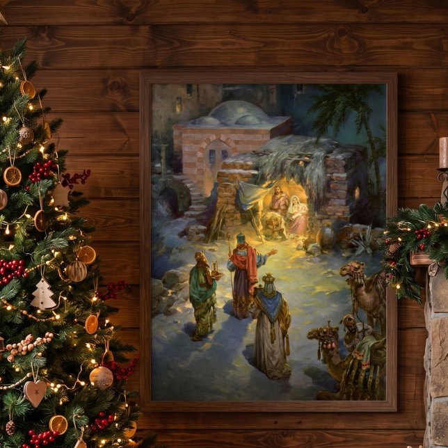 Weihnachtskrippe aus Weihnachten mit Besuch Magi Poster (Vintage illustration religious Christmas image featuring a classic nativity scene in Bethlehem.)