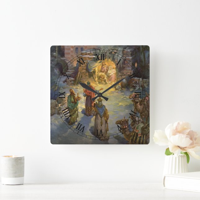 Weihnachtskrippe aus Weihnachten mit Besuch Magi Quadratische Wanduhr (Zuhause)