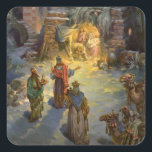 Weihnachtskrippe aus Weihnachten mit Besuch Magi Quadratischer Aufkleber<br><div class="desc">Vintage Darstellung religiöser Weihnachtsbilder mit Krippenfamilien. Ein Christliches Religionsdesign mit den drei Weisen,  die Maria und Joseph mit dem Säugling Jesus Christus in Bethlehem besuchen.</div>