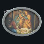 Weihnachtskrippe, Baby Jesus in Gefahr Ovale Gürtelschnalle<br><div class="desc">Vintage Illustration religiöses Weihnachtsdesign mit klassischer Krippe. Eine Christliche religiöse Familienszene mit Maria,  Joseph und dem Säugling Jesus Christus im Ranger mit Lamm und Schafen. Bethlehem.</div>