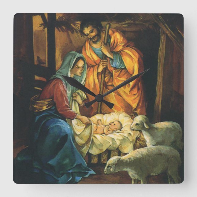 Weihnachtskrippe, Baby Jesus in Gefahr Quadratische Wanduhr (Vorderseite)