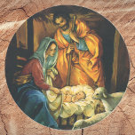 Weihnachtskrippe, Baby Jesus in Gefahr Runder Aufkleber<br><div class="desc">Vintage Illustration religiöses Weihnachtsdesign mit klassischer Krippe. Eine Christliche religiöse Familienszene mit Maria,  Joseph und dem Säugling Jesus Christus im Ranger mit Lamm und Schafen. Bethlehem.</div>