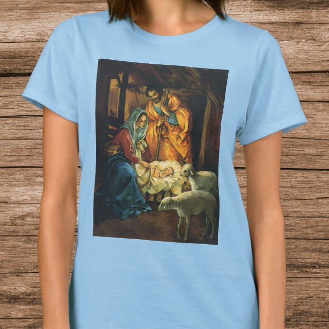 Weihnachtskrippe, Baby Jesus in Gefahr T-Shirt (Vintage Christmas Nativity, Baby Jesus in Manger T-Shirt)