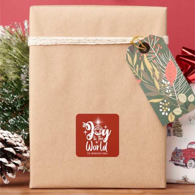 Weihnachtskrippe Freude an der Welt rot und weiß Quadratischer Aufkleber (Feiertag)