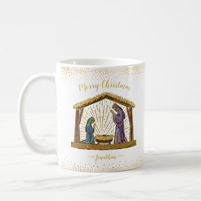 Weihnachtskrippe Goldtypografie Kaffeetasse (Links)