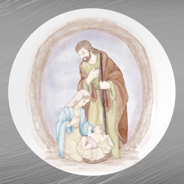 Weihnachtskrippe Jesus Mary Joseph Watercolor Runder Aufkleber (Von Creator hochgeladen)