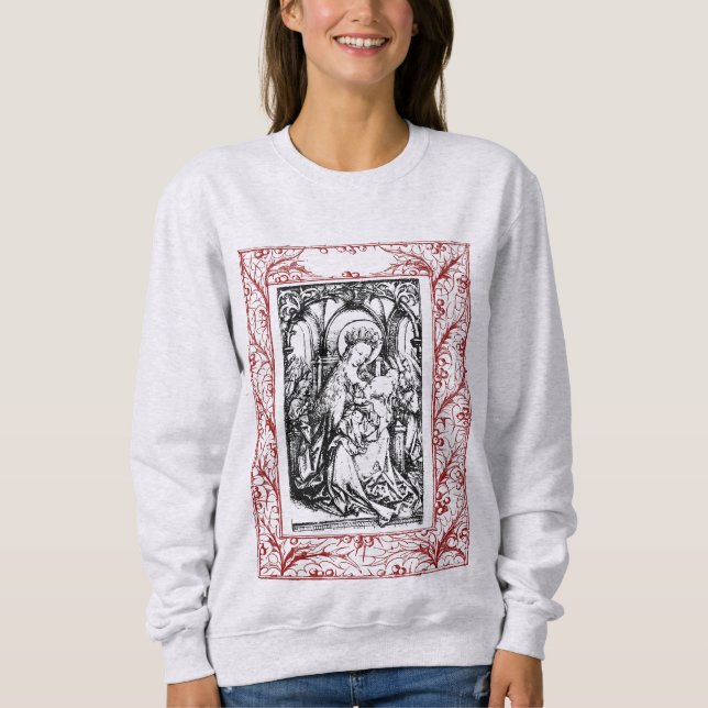 Weihnachtskrippe Madonna und Kind Holly Border Sweatshirt (Vorderseite)