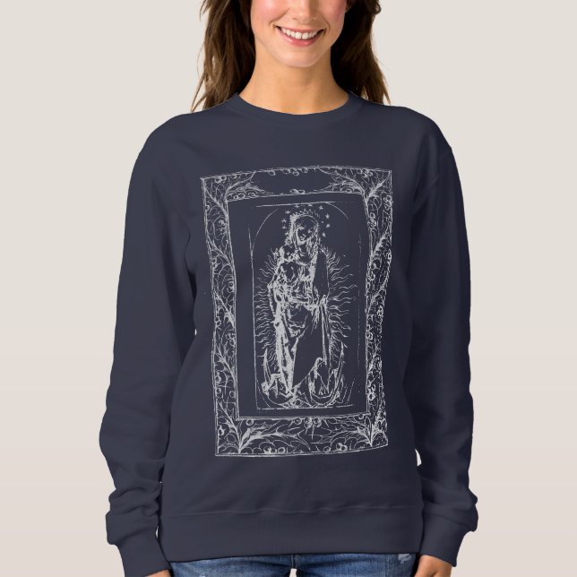 Weihnachtskrippe Madonna und Kind Holly Border Sweatshirt (Vorderseite)