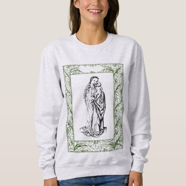 Weihnachtskrippe Madonna und Kind Holly Border Sweatshirt (Vorderseite)