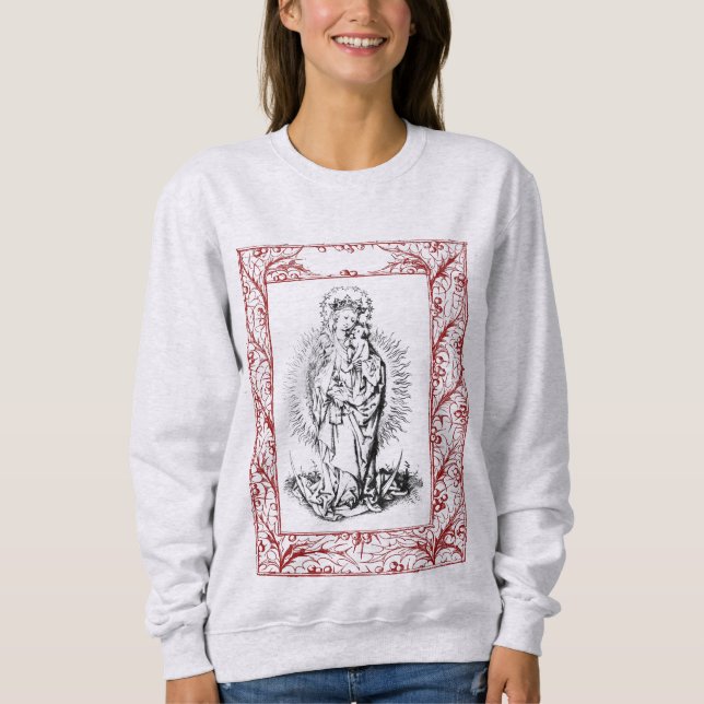 Weihnachtskrippe Madonna und Kind Holly Border Sweatshirt (Vorderseite)