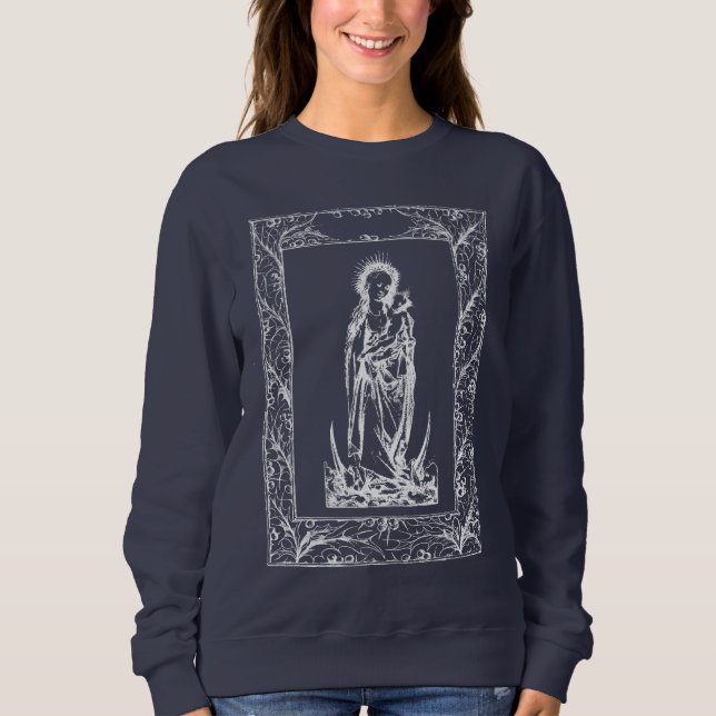 Weihnachtskrippe Madonna und Kind Holly Border Sweatshirt (Vorderseite)