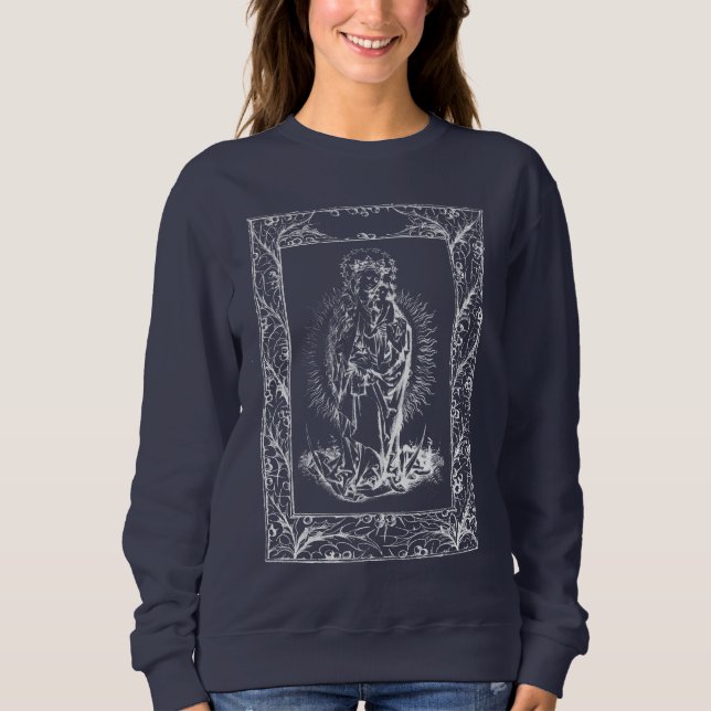 Weihnachtskrippe Madonna und Kind Holly Border Sweatshirt (Vorderseite)