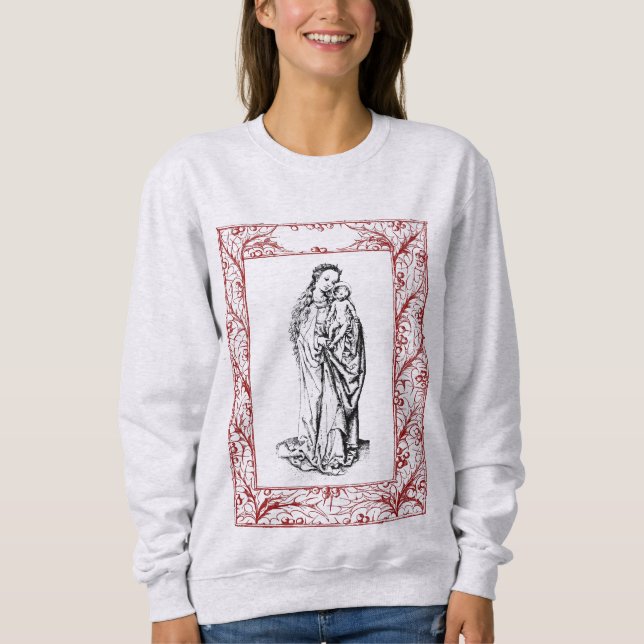 Weihnachtskrippe Madonna und Kind Holly Border Sweatshirt (Vorderseite)