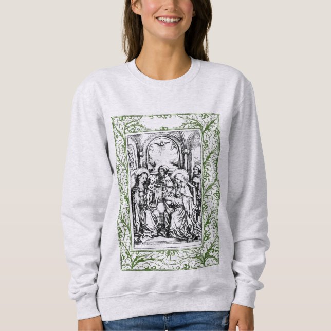 Weihnachtskrippe Madonna und Kind Holly Border Sweatshirt (Vorderseite)