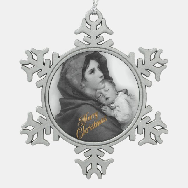 Weihnachtskrippe Madonna und Kinderschmuck Schneeflocken Zinn-Ornament (Vorderseite)