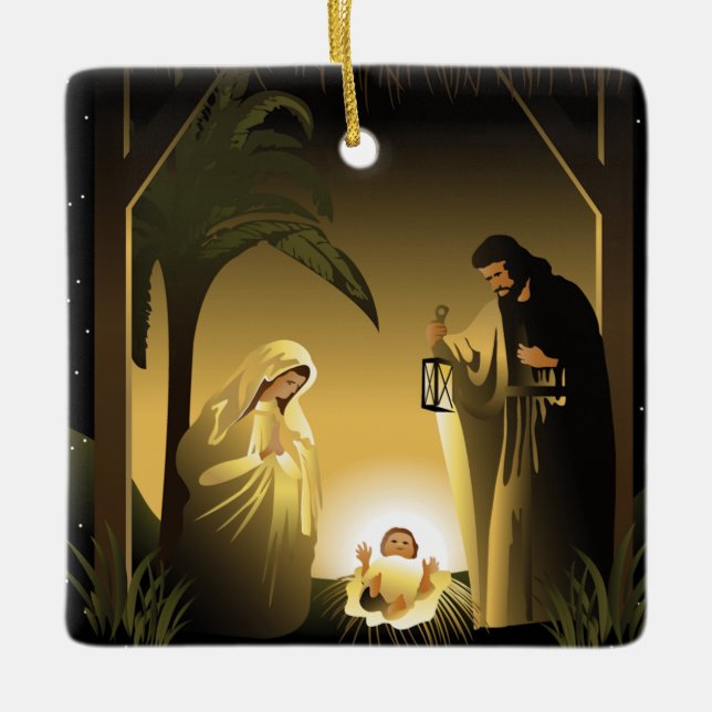 Weihnachtskrippe Mary, Joseph und Baby Jesus Keramikornament (Vorderseite)
