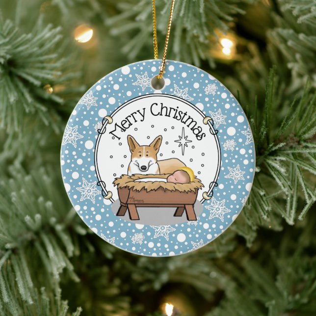 Weihnachtskrippe Pembroke Walisischer Korgi (rot1) Keramik Ornament (Baum)