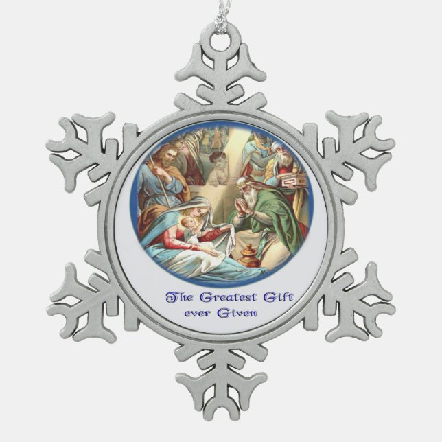 Weihnachtskrippe Schneeflocken Zinn-Ornament (Vorderseite)