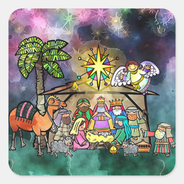 Weihnachtskrippe Wasserfarbe Doodle Szene Quadratischer Aufkleber (Vorderseite)