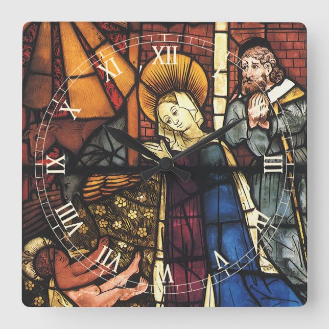 Weihnachtskrippen in festgeklemmtem Glas Quadratische Wanduhr (Vorderseite)