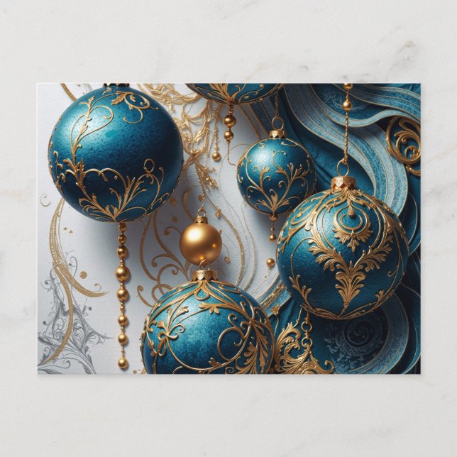 Weihnachtskugeln Blau Gold Festzauber Feiertagspostkarte (Vorderseite)