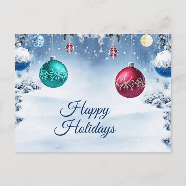 Weihnachtskugeln Verschneite Weihnachtspostkarte Postkarte (Vorderseite)