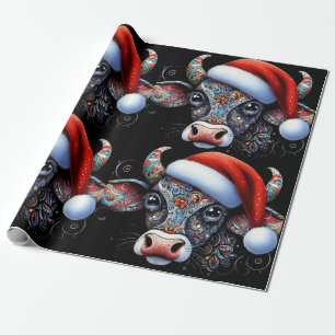 Weihnachtskuh Bull mit Weihnachtsmannmütze Mexikan Geschenkpapier