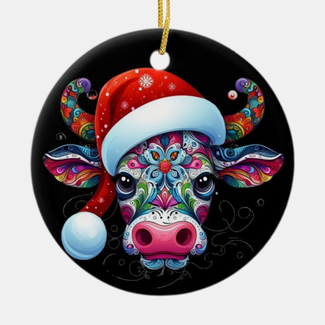 Weihnachtskuh Bull mit Weihnachtsmannmütze Mexikan Keramik Ornament (Vorne)