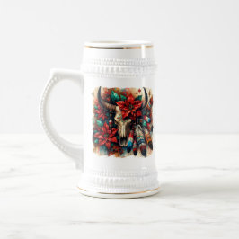Weihnachtskuh Bull Skull Poinsettias Feathers Bierglas
