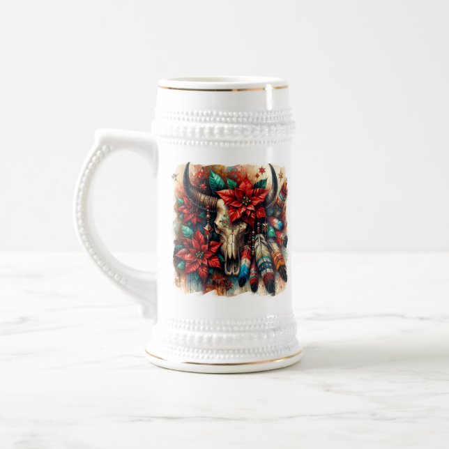 Weihnachtskuh Bull Skull Poinsettias Feathers Bierglas (Links)