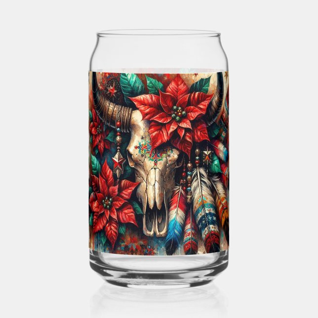 Weihnachtskuh Bull Skull Poinsettias Feathers Dosenglas (Vorderseite)