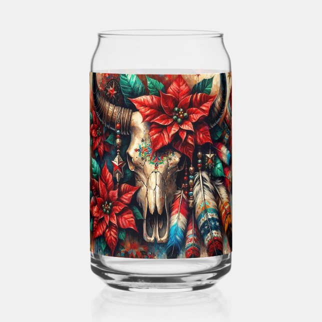 Weihnachtskuh Bull Skull Poinsettias Feathers Dosenglas (Vorderseite)