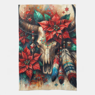 Weihnachtskuh Bull Skull Poinsettias Feathers Geschirrtuch