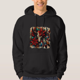Weihnachtskuh Bull Skull Poinsettias Feathers Hoodie