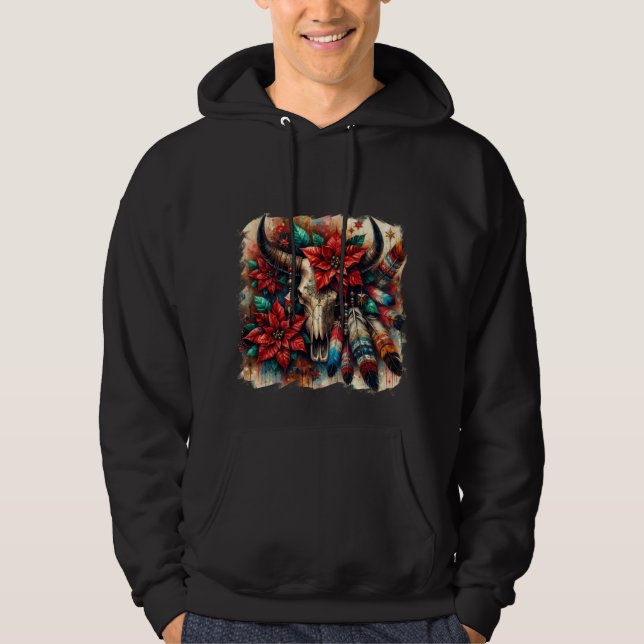 Weihnachtskuh Bull Skull Poinsettias Feathers Hoodie (Vorderseite)