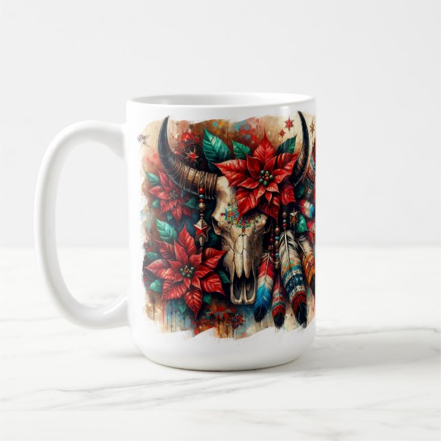 Weihnachtskuh Bull Skull Poinsettias Feathers Kaffeetasse (Links)