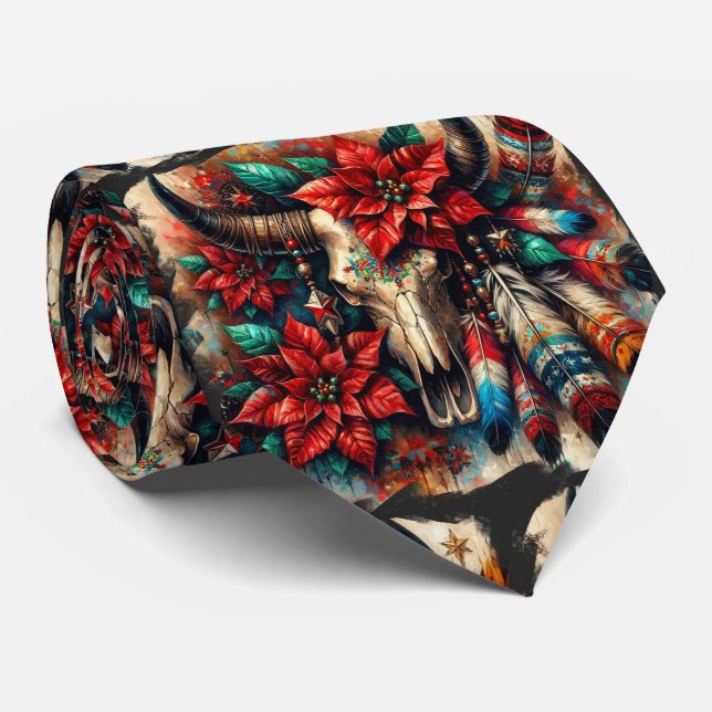 Weihnachtskuh Bull Skull Poinsettias Feathers Krawatte (Gerollt)