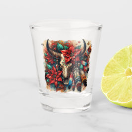 Weihnachtskuh Bull Skull Poinsettias Feathers Schnapsglas