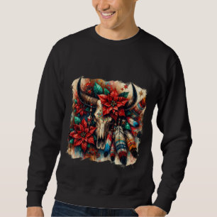 Weihnachtskuh Bull Skull Poinsettias Feathers Sweatshirt