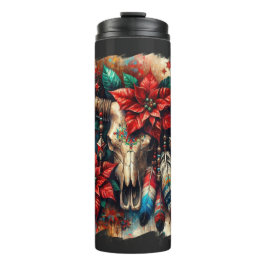 Weihnachtskuh Bull Skull Poinsettias Feathers Thermosbecher