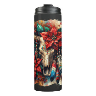 Weihnachtskuh Bull Skull Poinsettias Feathers Thermosbecher