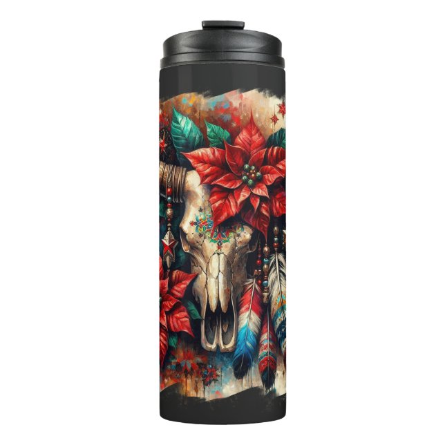 Weihnachtskuh Bull Skull Poinsettias Feathers Thermosbecher (Vorderseite)