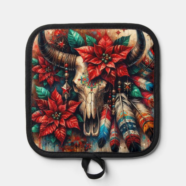 Weihnachtskuh Bull Skull Poinsettias Feathers Topflappen (Vorderseite)